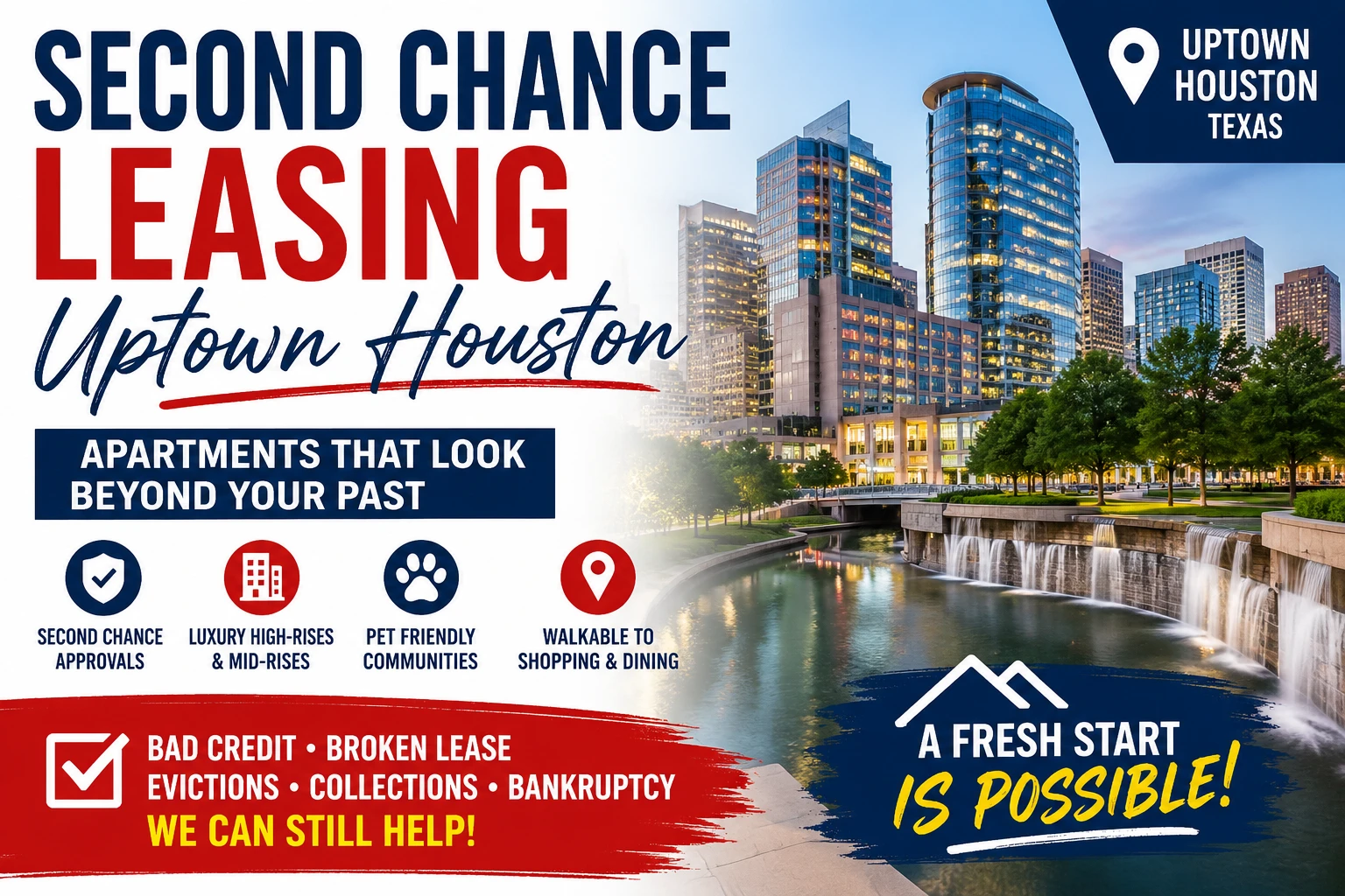 Second Chance Leasing Uptown Houston | 1 Bedroom Apartments Starting Around $1,450+ • Luxury High-Rises + Walkable Shopping