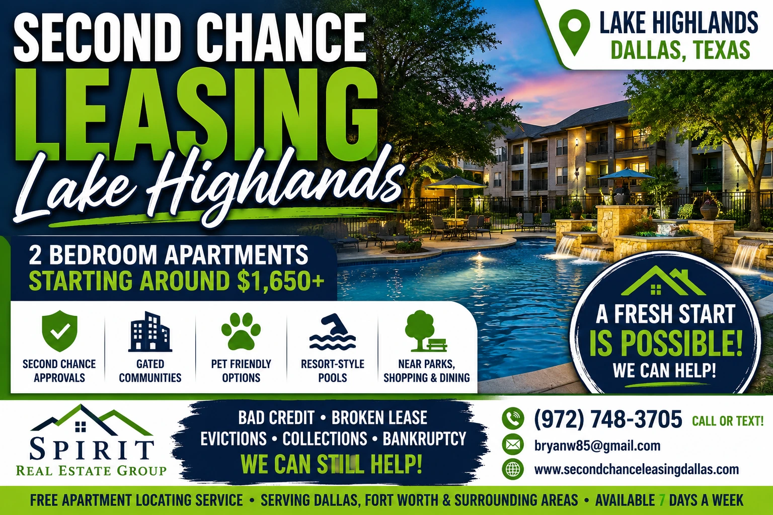 Second Chance Leasing Lake Highlands Dallas | 2 Bedroom Apartments Starting Around $1,650+ • Resort Pools + Pet-Friendly Communities
