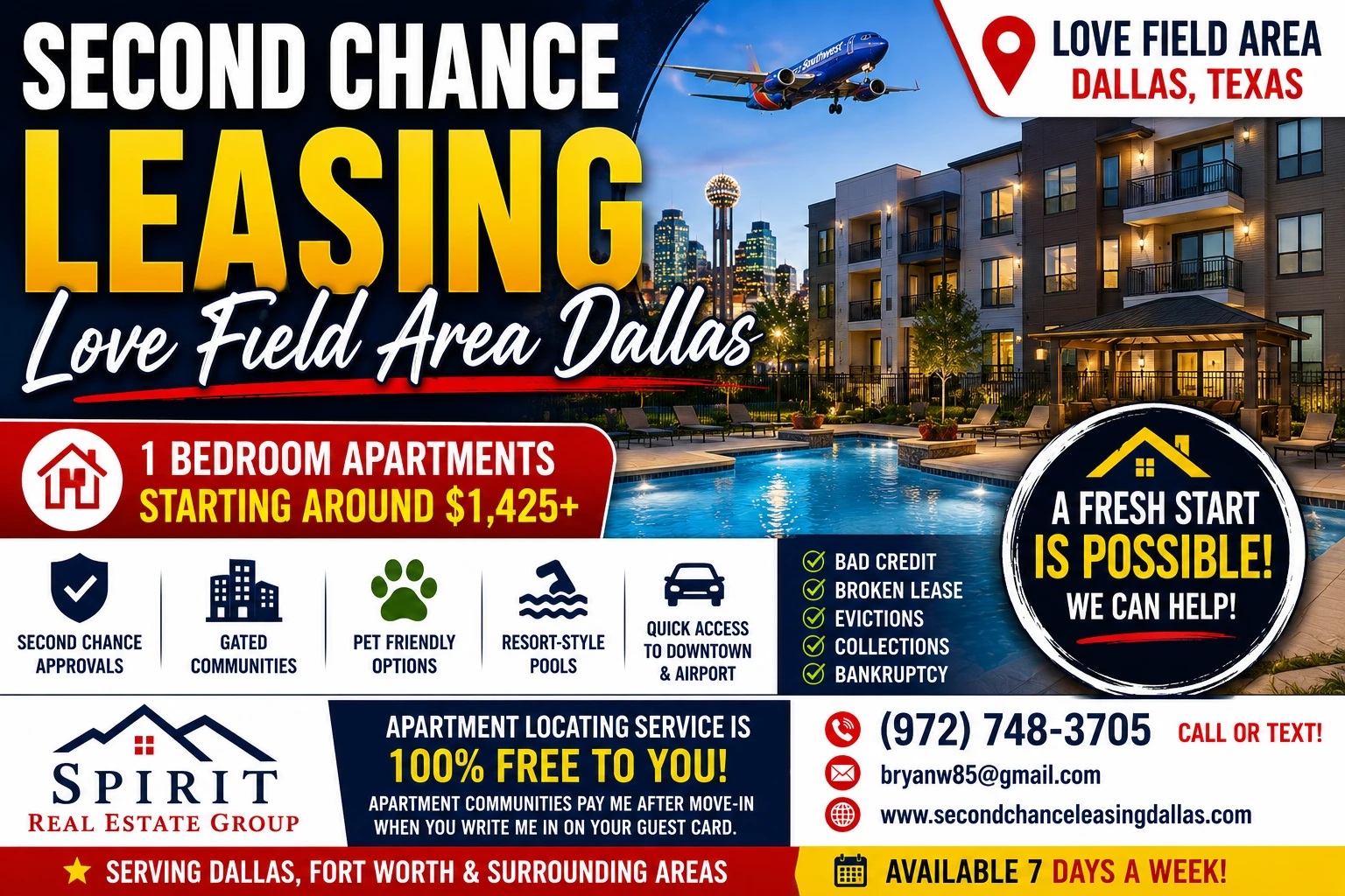 Second Chance Leasing Love Field Area Dallas | 1 Bedroom Apartments Starting Around $1,425+ • Resort Pools + Quick Airport Access