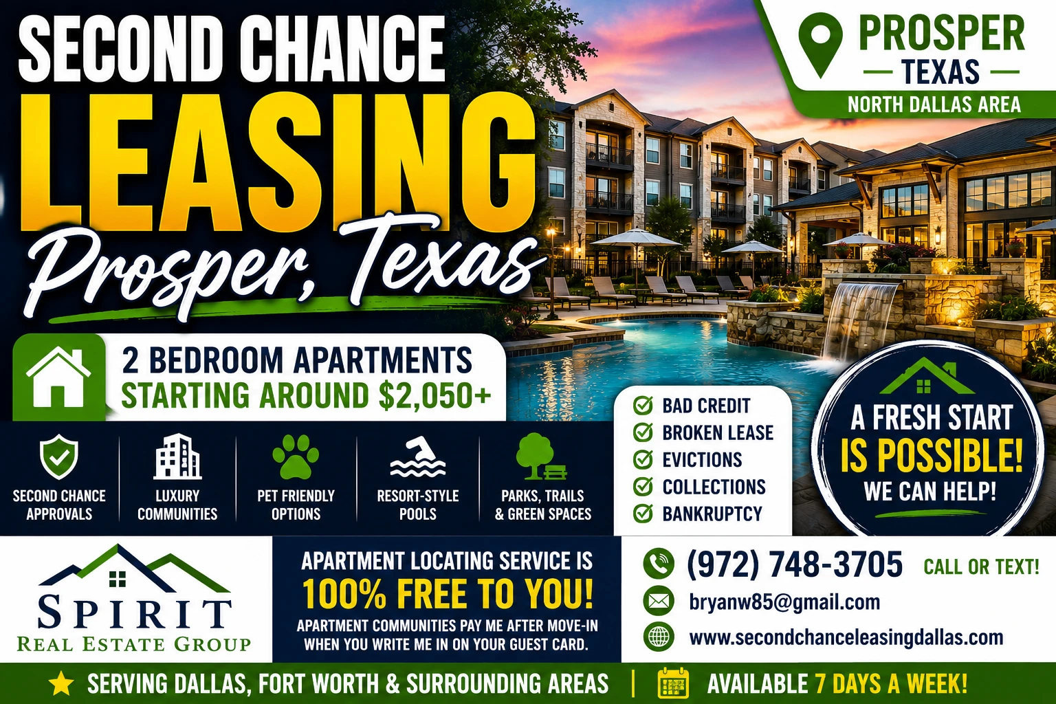 Second Chance Leasing Prosper | 2 Bedroom Apartments Starting Around $2,050+ • Resort Pools + Luxury Amenities
