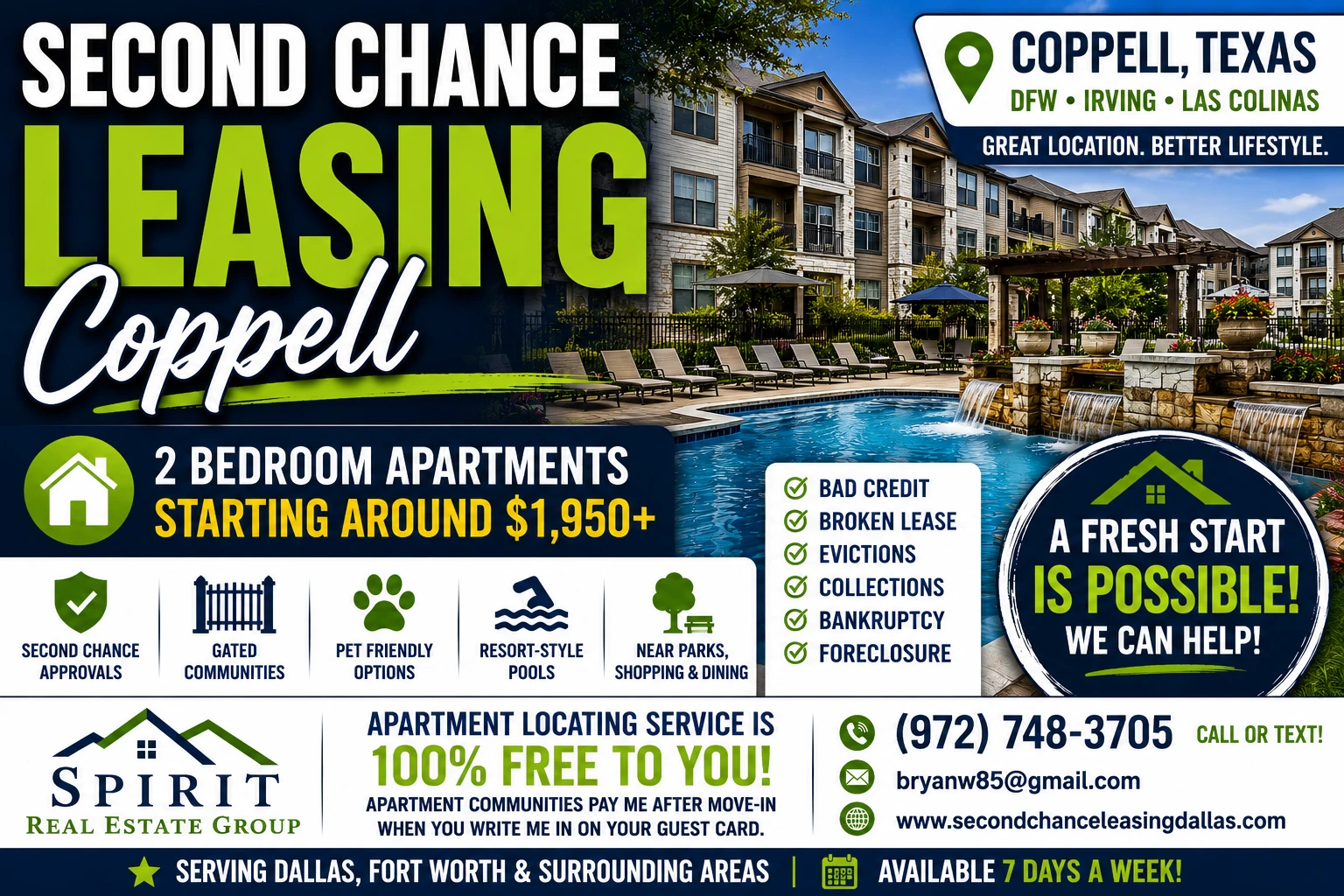 Second Chance Leasing Coppell | 2 Bedroom Apartments Starting Around $1,950+ • Resort Pools + Gated Communities