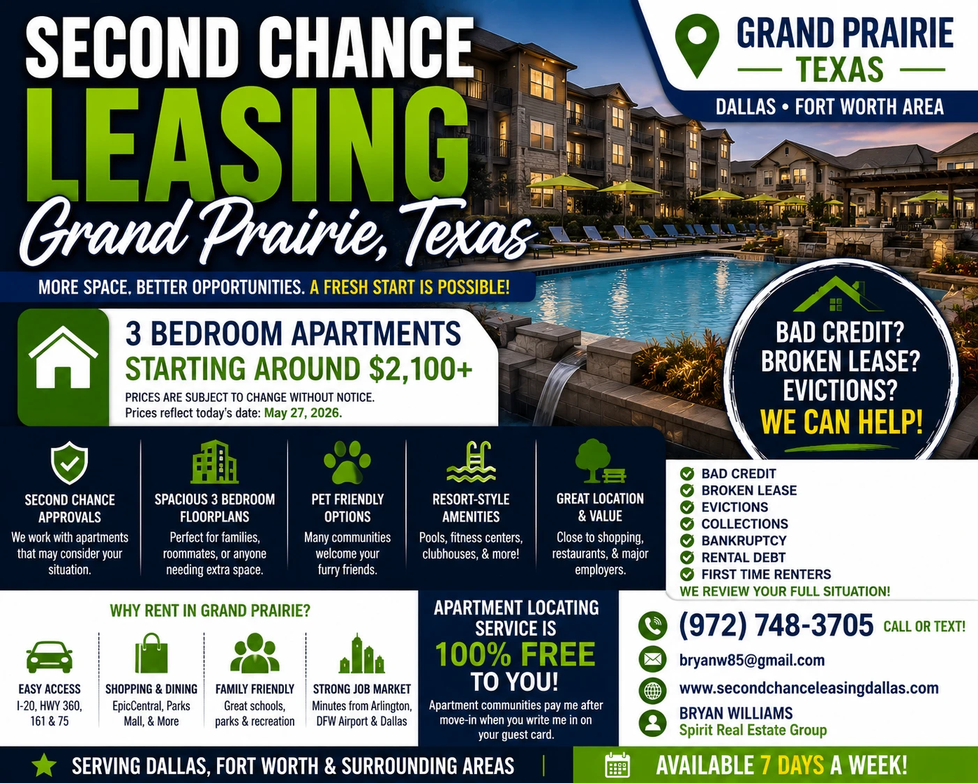 Second Chance Leasing Grand Prairie | 3 Bedroom Apartments Starting Around $2,100+ • Family-Friendly Living + Resort-Style Amenities
