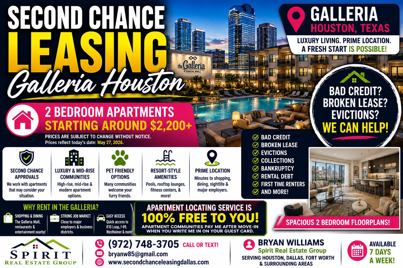 Second Chance Leasing Galleria Houston | 2 Bedroom Apartments Starting Around $2,200+ • Luxury High-Rises + Resort-Style Amenities