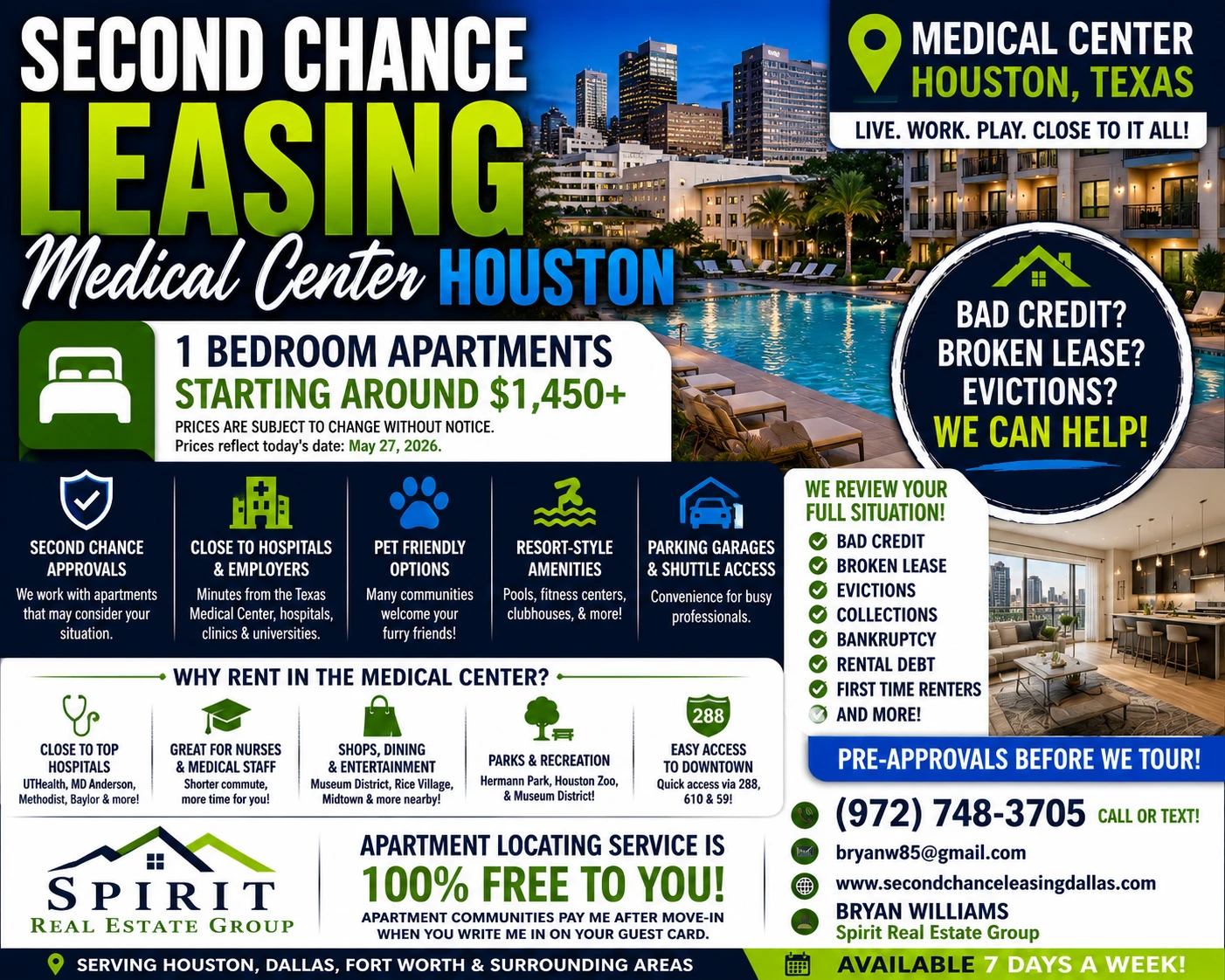 Second Chance Leasing Medical Center Houston | 1 Bedroom Apartments Starting Around $1,450+ • Resort Pools + Hospital Access