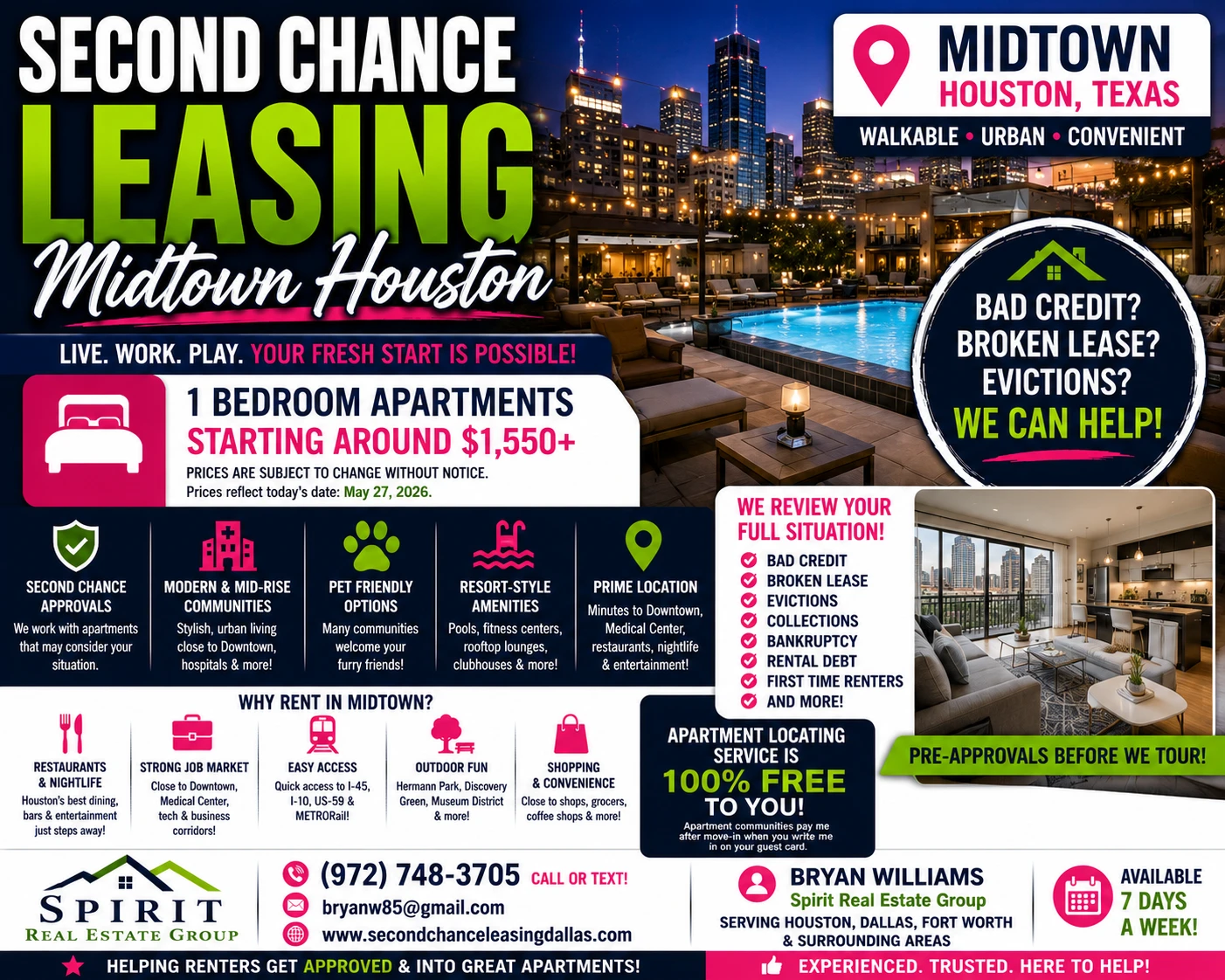 Second Chance Leasing Midtown Houston | 1 Bedroom Apartments Starting Around $1,550+ • Walkable Living + Resort Amenities
