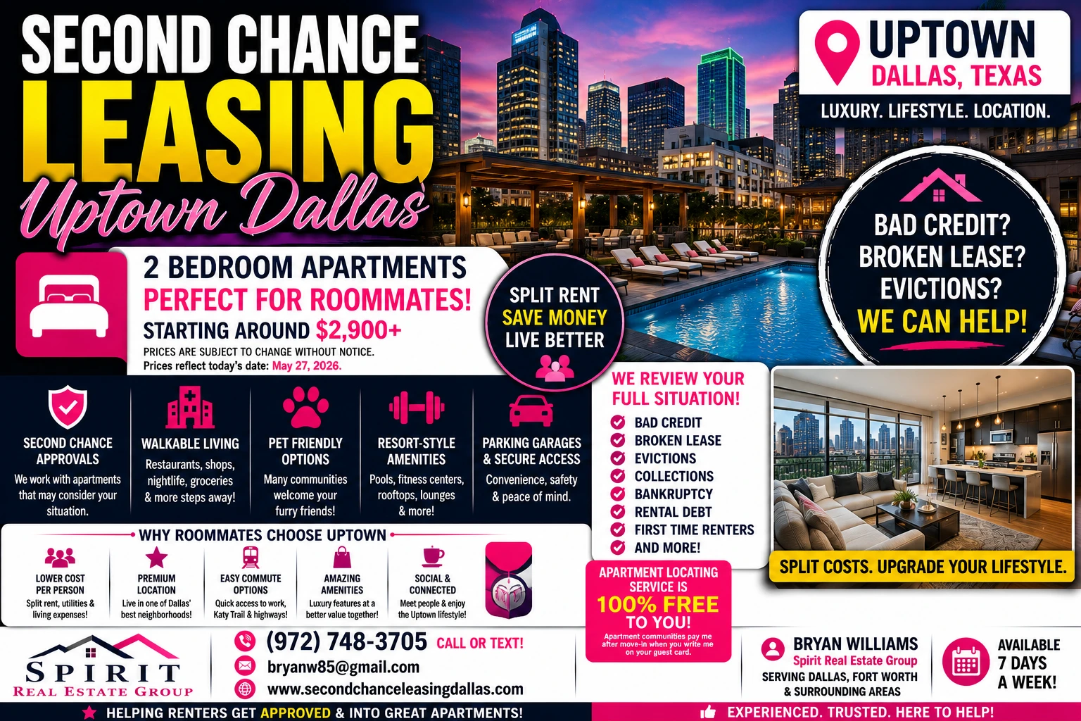 Second Chance Leasing Uptown Dallas | 2 Bedroom Apartments Perfect for Roommates Starting Around $2,900+ • Luxury Living + Split Rent Savings