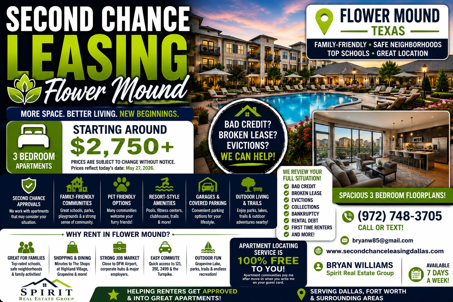 Second Chance Leasing Flower Mound | 3 Bedroom Apartments Starting Around $2,750+ • Family-Friendly Living + Luxury Amenities
