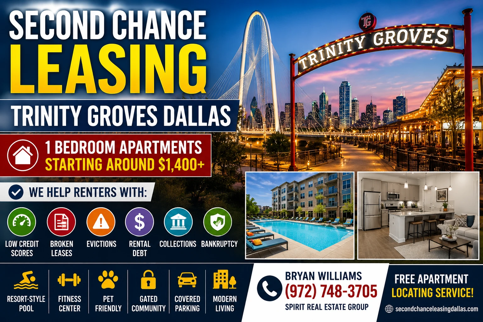 Second Chance Leasing Trinity Groves Dallas | 1 Bedroom Apartments Starting Around $1,400+ | Pool, Fitness Center & Modern Finishes
