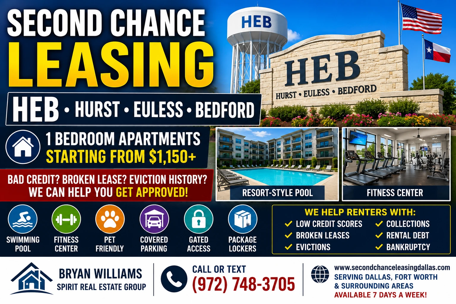 SECOND CHANCE LEASING HEB (HURST • EULESS • BEDFORD) | 1 BEDROOM APARTMENTS FROM $1,150+ | POOLS & FITNESS CENTERS