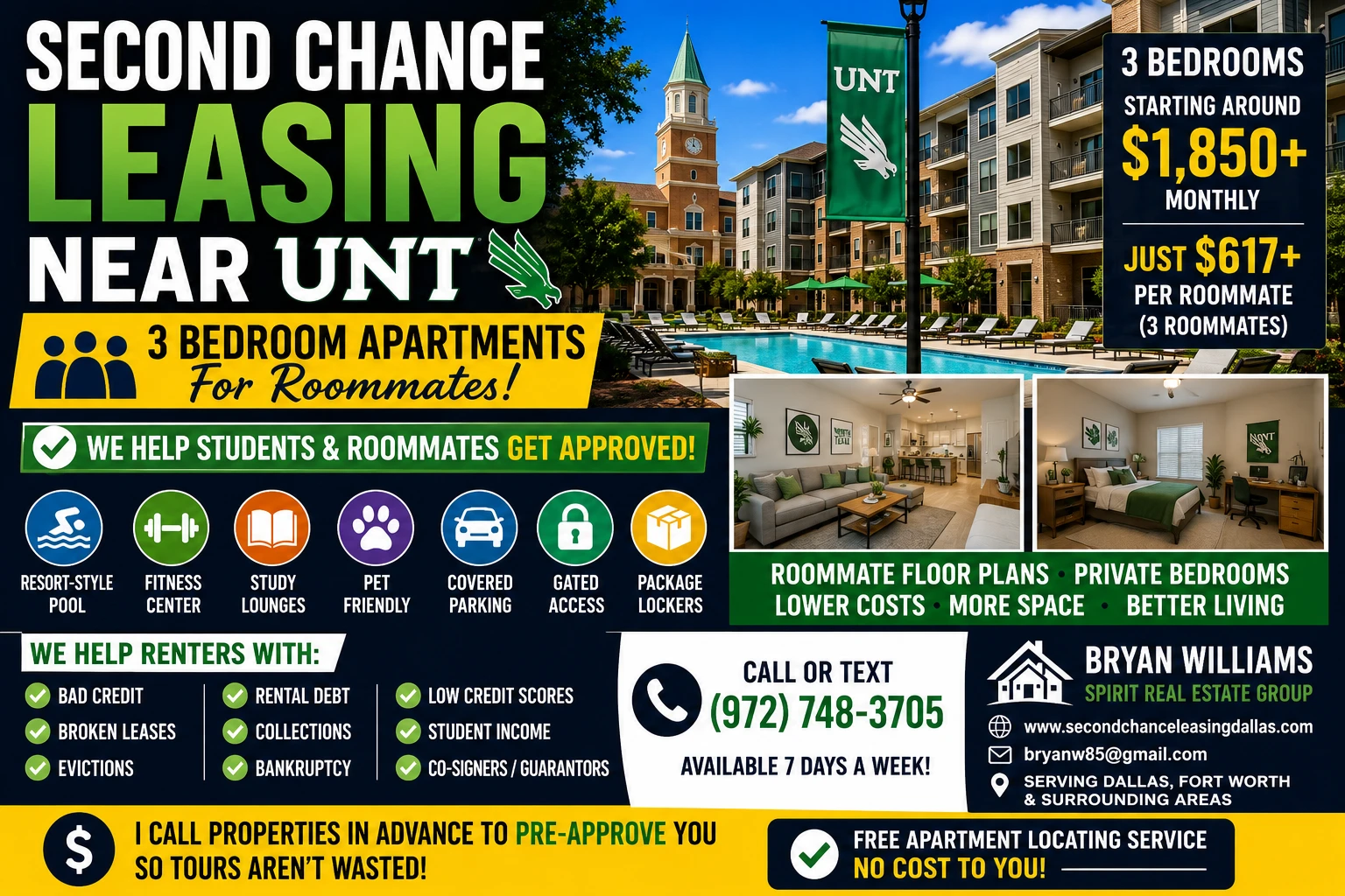 SECOND CHANCE LEASING NEAR UNT | 3 BEDROOM APARTMENTS FOR ROOMMATES FROM $1,850+ | POOL & FITNESS CENTER