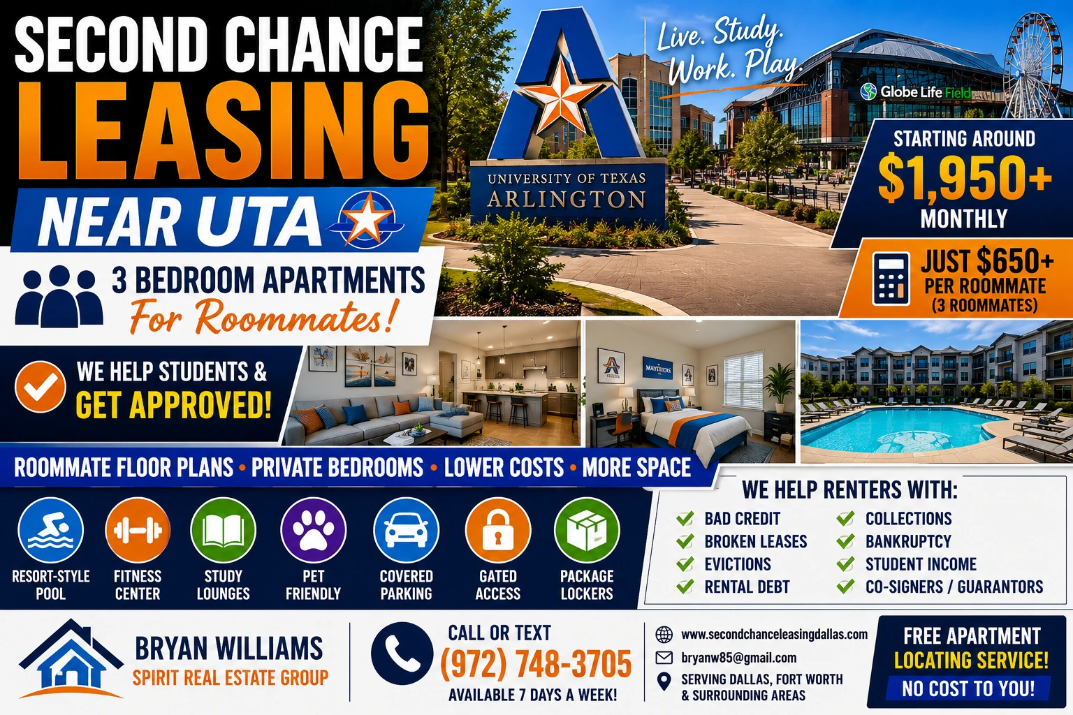 SECOND CHANCE LEASING NEAR UTA | 3 BEDROOM APARTMENTS FOR ROOMMATES FROM $1,950+ | POOL, FITNESS CENTER & STUDENT-FRIENDLY FLOOR PLANS