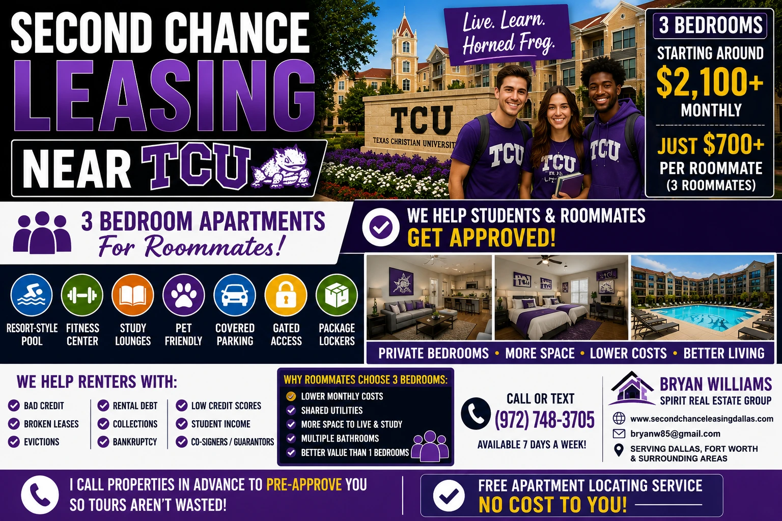 SECOND CHANCE LEASING TCU | 3 BEDROOM APARTMENTS FOR ROOMMATES FROM $2,100+ | PERFECT FOR STUDENTS & YOUNG PROFESSIONALS
