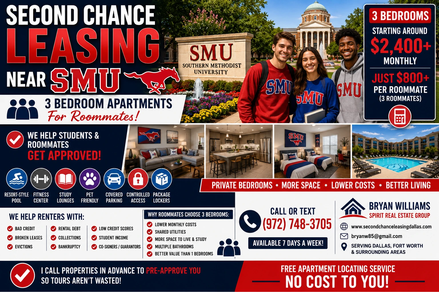 SECOND CHANCE LEASING SMU | 3 BEDROOM APARTMENTS FOR ROOMMATES FROM $2,400+ | PERFECT FOR STUDENTS, GRAD STUDENTS & YOUNG PROFESSIONALS