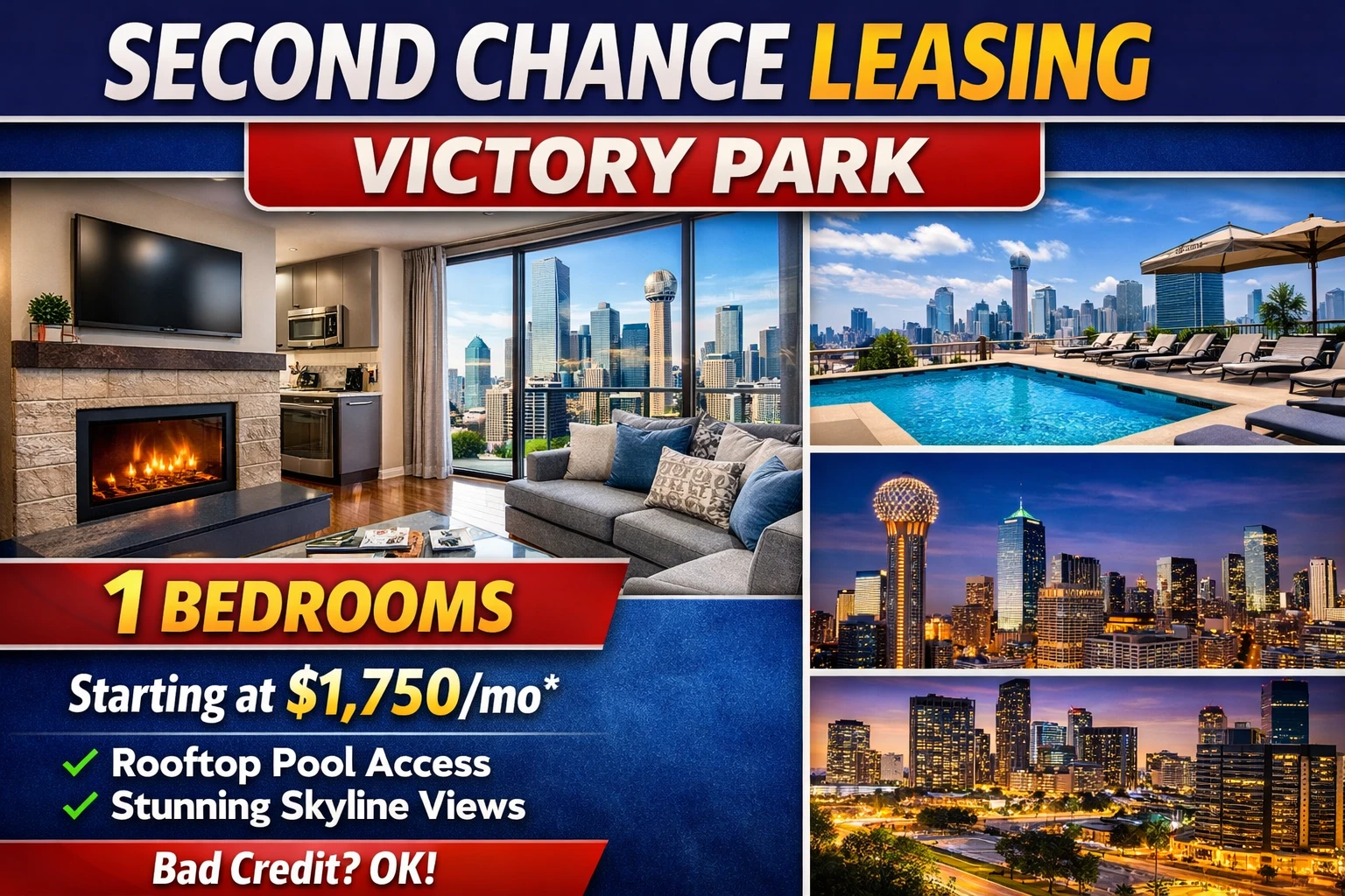 ⭐ Second Chance Leasing Victory Park | 1 Bedroom Starting at $1,750 • Rooftop Pool • Skyline Views