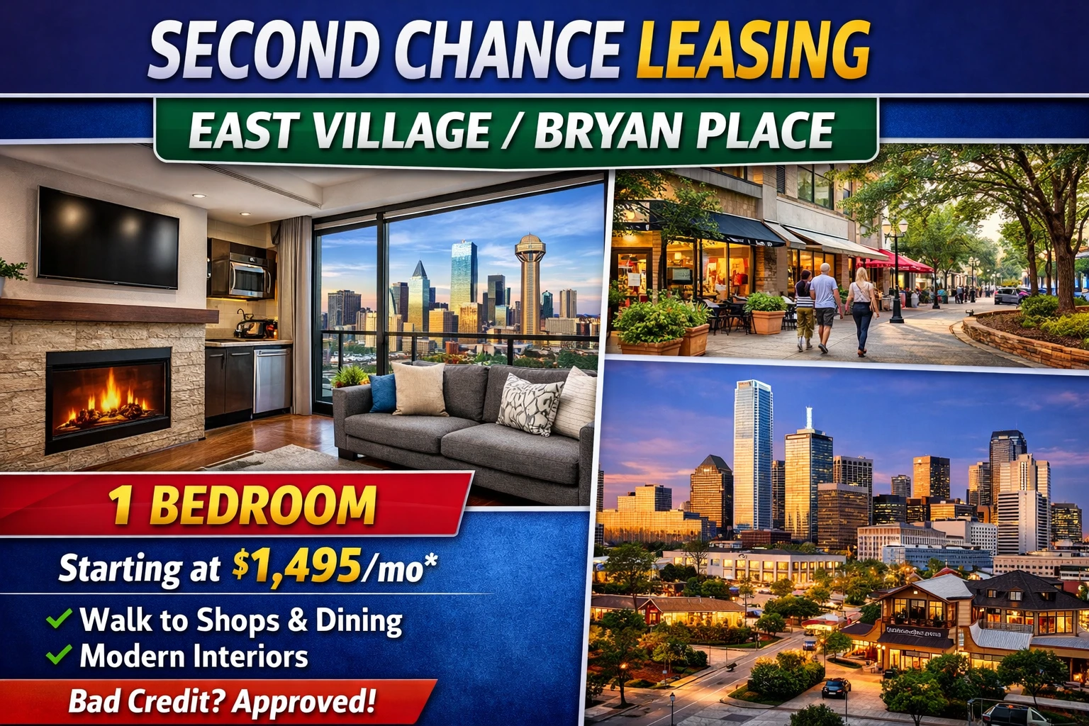 ⭐ Second Chance Leasing in Dallas' East Village / Bryan Place | 1 Bedroom Starting at $1,495 • Walkable • Modern Interiors