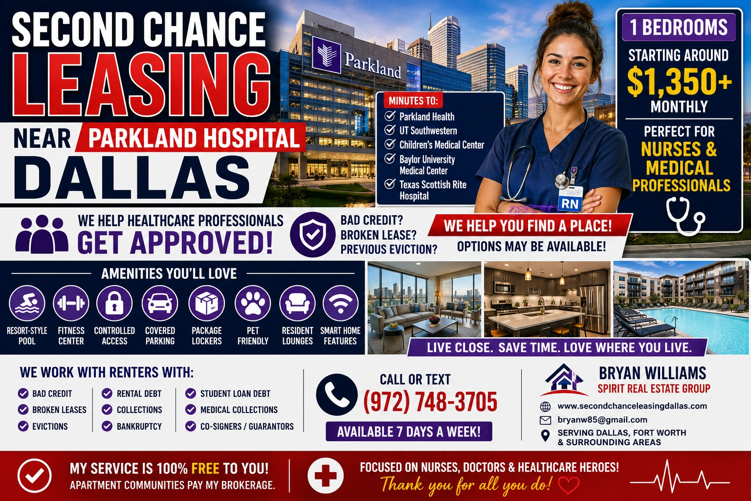 SECOND CHANCE LEASING NEAR PARKLAND HOSPITAL DALLAS | 1 BEDROOM APARTMENTS FOR NURSES & MEDICAL PROFESSIONALS FROM $1,350+