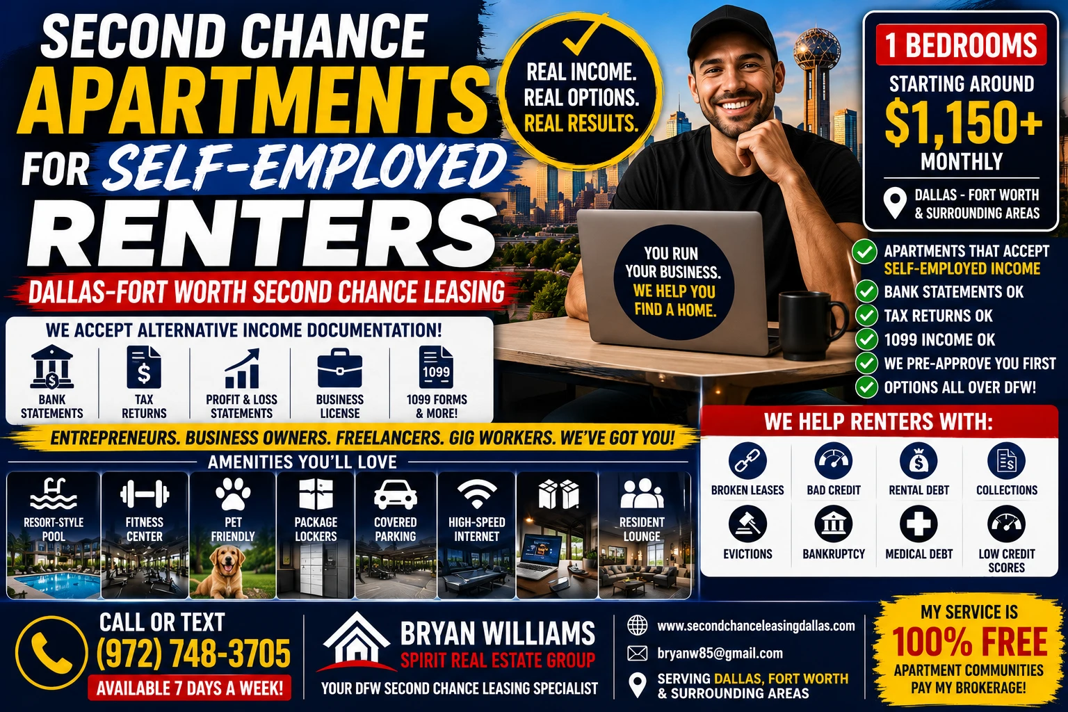 SECOND CHANCE APARTMENTS FOR SELF-EMPLOYED RENTERS | DALLAS–FORT WORTH SECOND CHANCE LEASING | 1 BEDROOM APARTMENTS FROM $1,150+