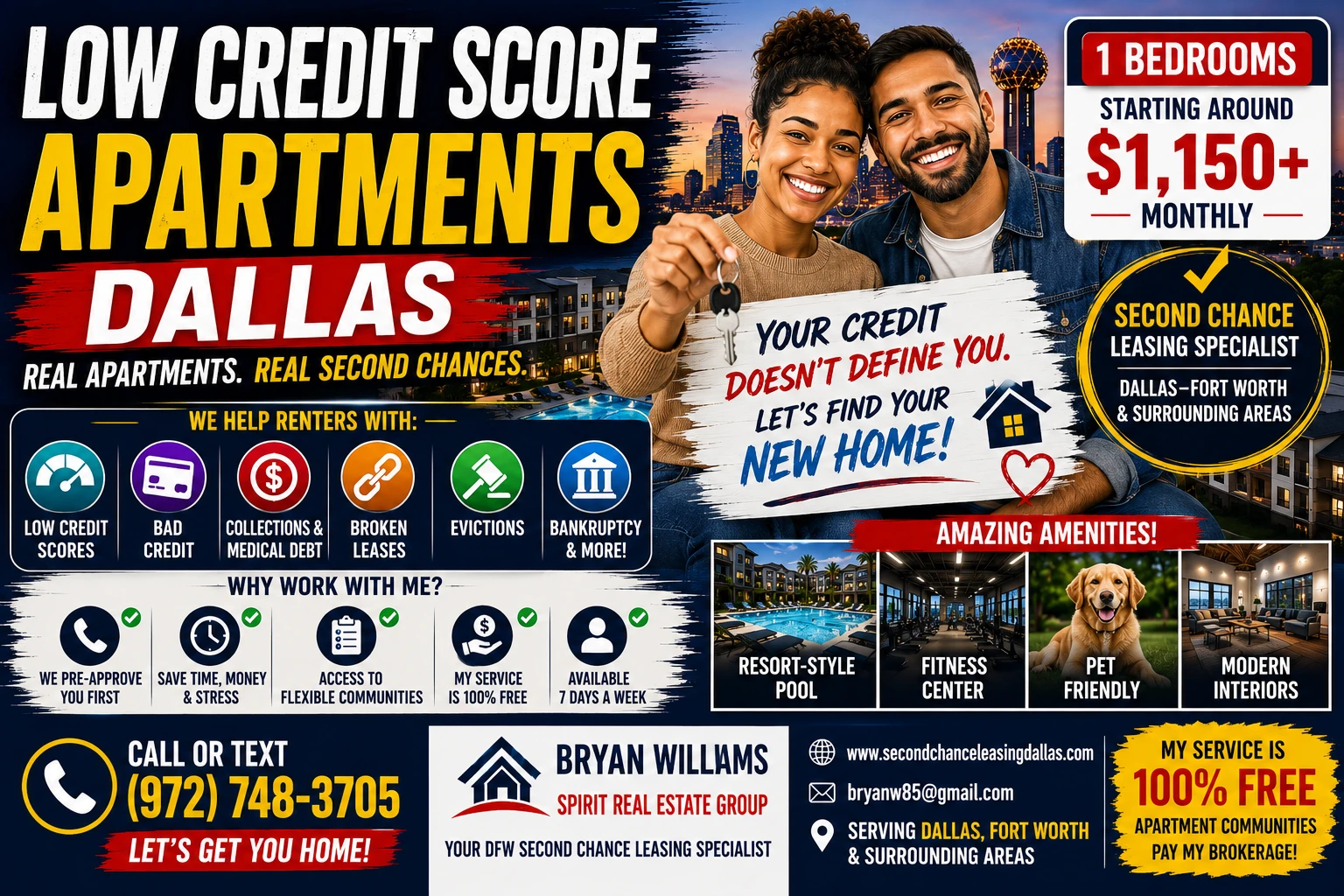 LOW CREDIT SCORE APARTMENTS DALLAS | SECOND CHANCE LEASING DALLAS | 1 BEDROOM APARTMENTS FROM $1,150+