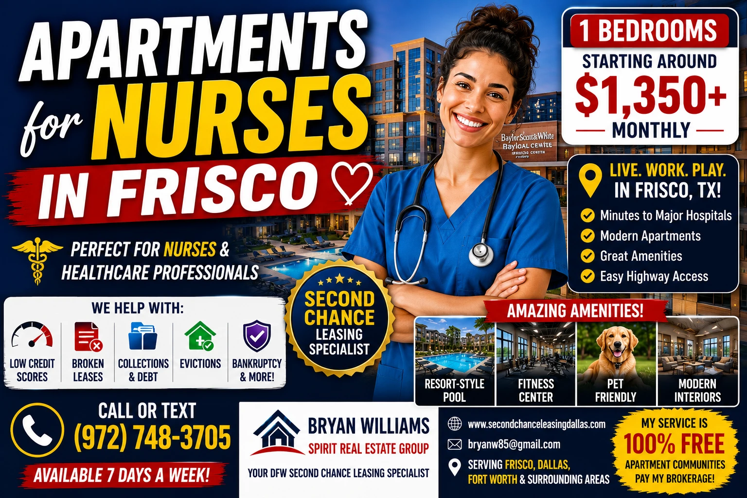 APARTMENTS FOR NURSES IN FRISCO | SECOND CHANCE LEASING FRISCO | 1 BEDROOM APARTMENTS FROM $1,350+