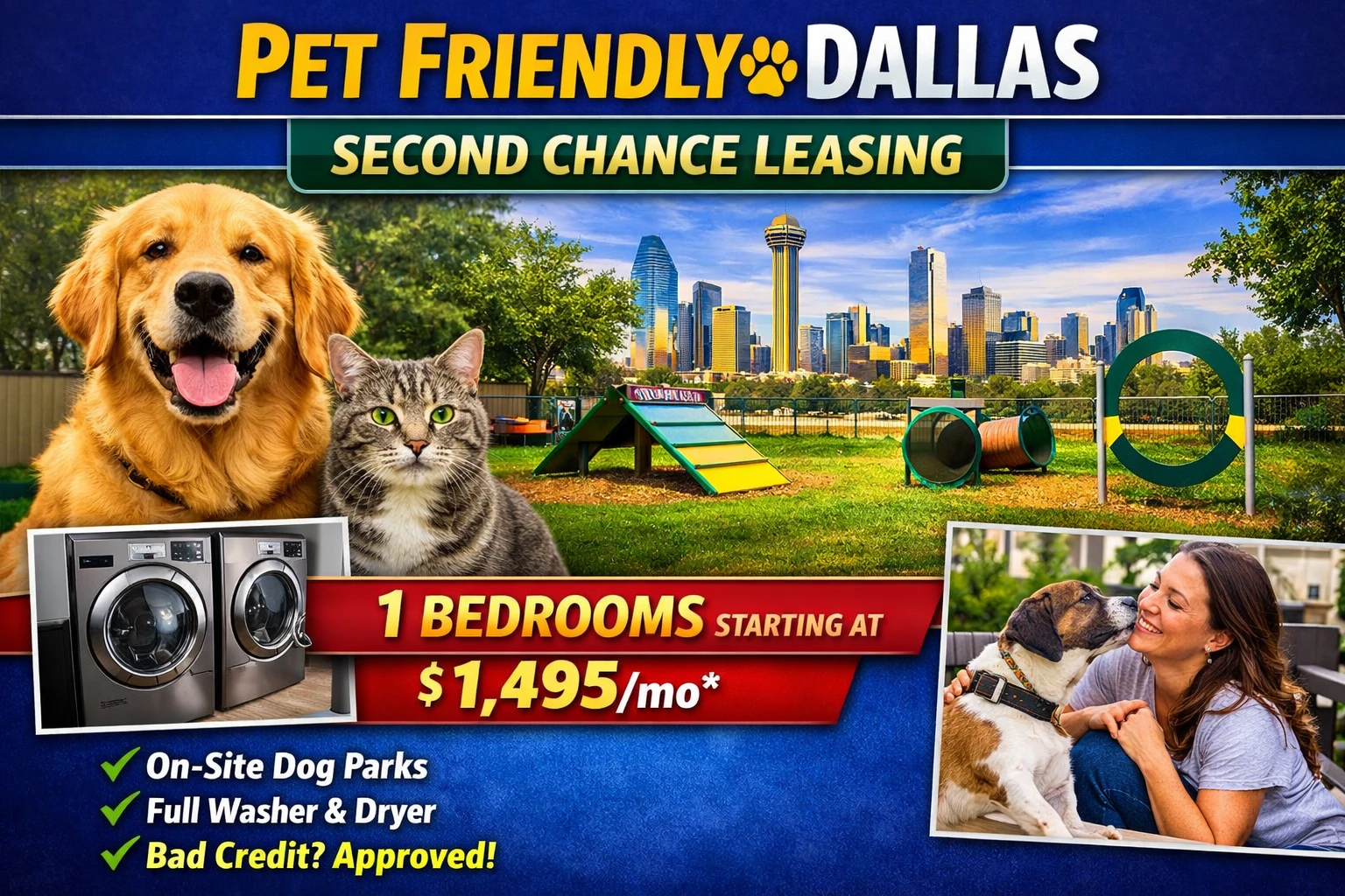 ⭐ Pet‑Friendly Second Chance Leasing Dallas | 1 Bedroom Starting at $1,495 • Dog Park • Washer/Dryer Connections