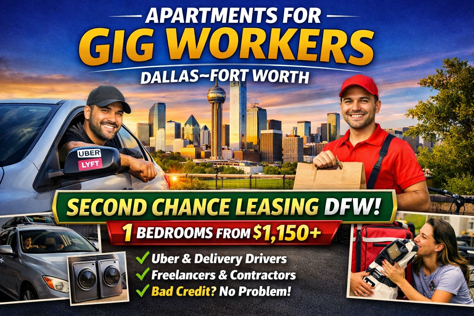 APARTMENTS FOR GIG WORKERS DALLAS–FORT WORTH | SECOND CHANCE LEASING DFW | 1 BEDROOM APARTMENTS FROM $1,150+
