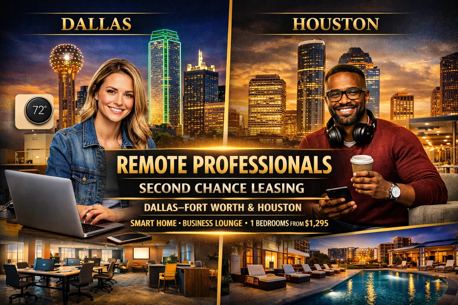 ⭐ Second Chance Leasing for Remote Professionals | Dallas–Fort Worth & Houston | 1 Bedroom Starting at $1,295 • Smart Home • Business Lounge
