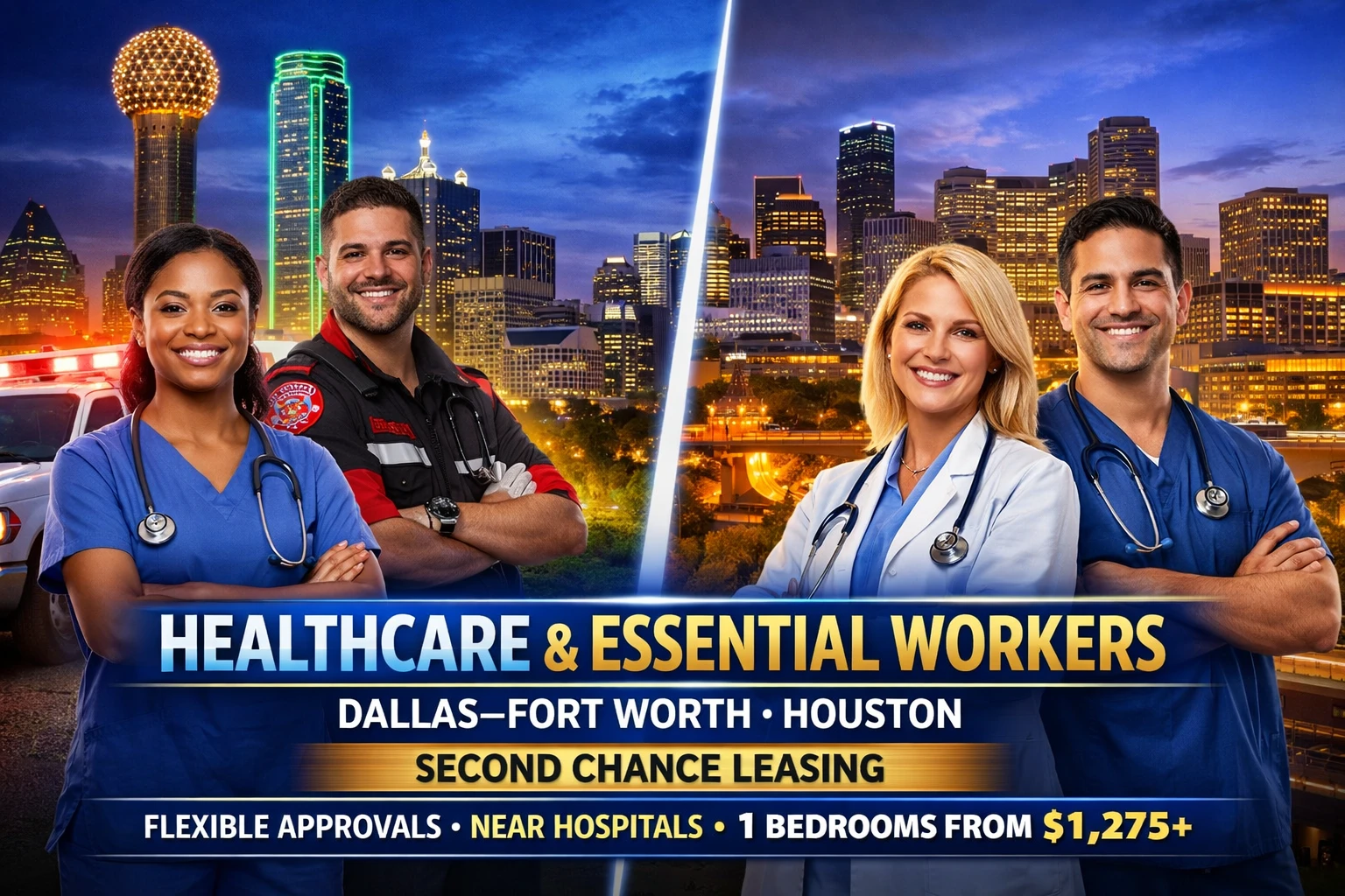 💎 Second Chance Leasing for Healthcare & Essential Workers | Dallas–Fort Worth & Houston | 1 Bedroom Starting at $1,275 • Near Hospitals • Pet Friendly