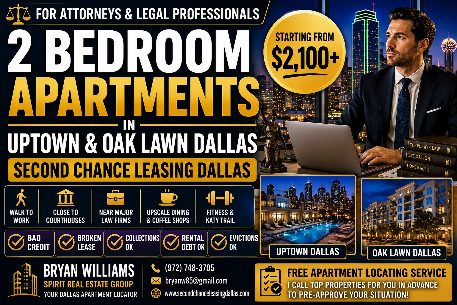 2 BEDROOM APARTMENTS FOR ATTORNEYS IN UPTOWN & OAK LAWN DALLAS | SECOND CHANCE LEASING DALLAS | STARTING FROM $2,100+