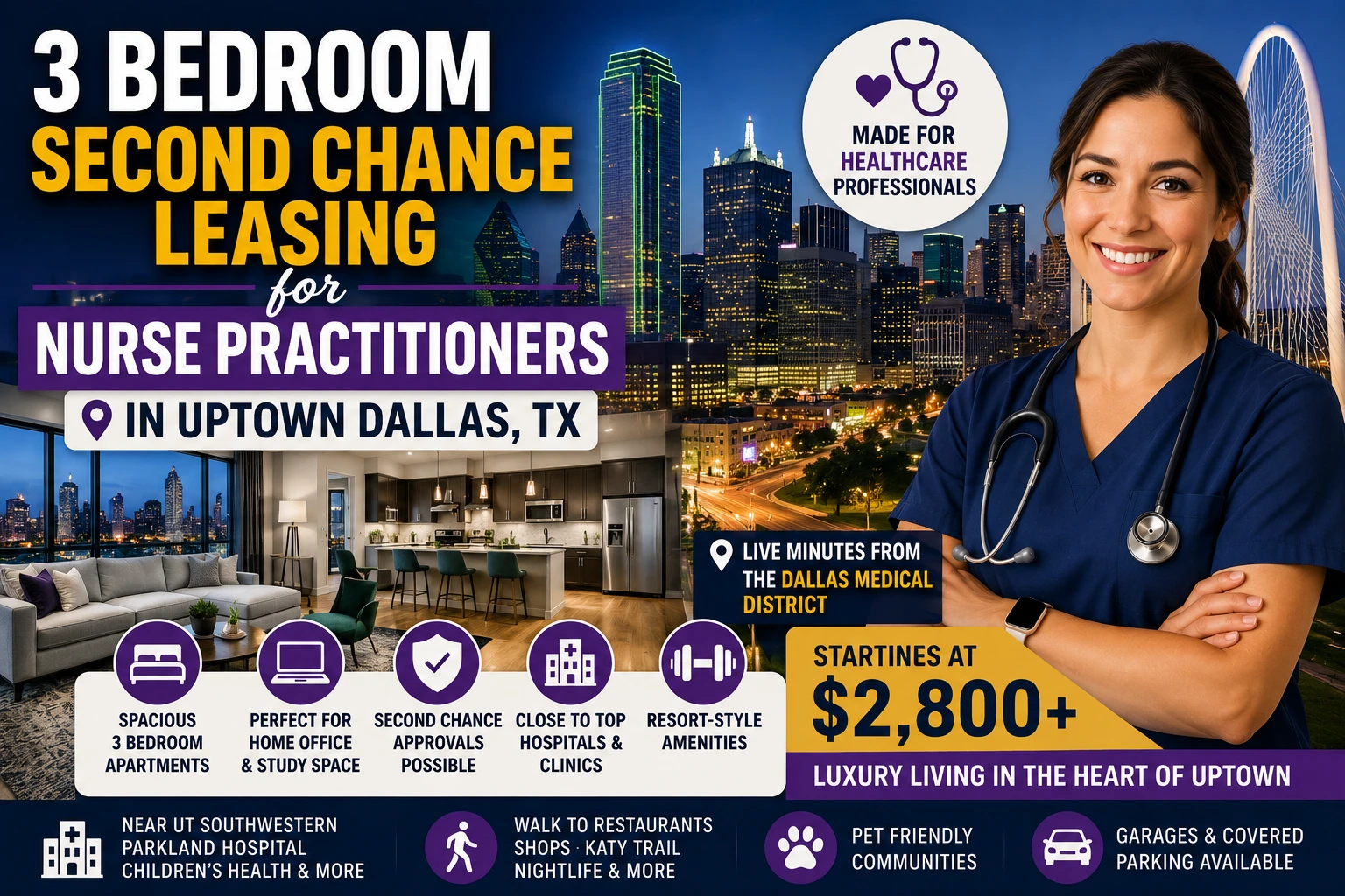 3 BEDROOM SECOND CHANCE LEASING APARTMENTS FOR NURSE PRACTITIONERS IN UPTOWN DALLAS | STARTING AT $2,800+