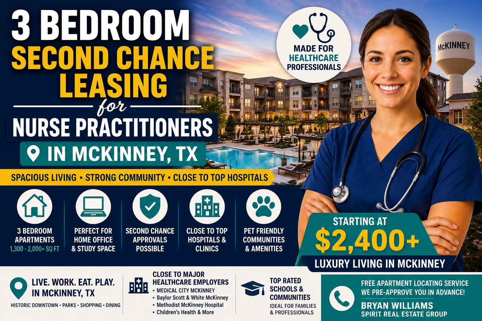 3 BEDROOM SECOND CHANCE LEASING APARTMENTS FOR NURSE PRACTITIONERS IN MCKINNEY TX | STARTING AT $2,400+