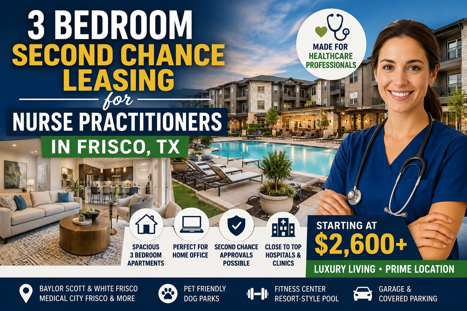 3 BEDROOM SECOND CHANCE LEASING APARTMENTS FOR NURSE PRACTITIONERS IN FRISCO TX | STARTING AT $2,600+