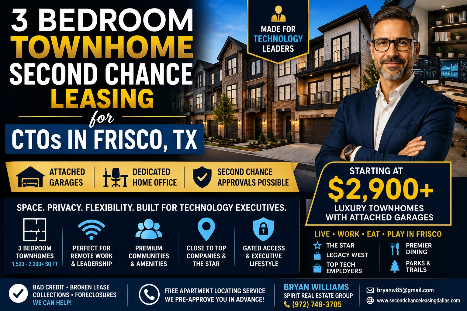 3 BEDROOM TOWNHOME SECOND CHANCE LEASING APARTMENTS FOR CTOs IN FRISCO TX | STARTING AT $2,900+ | ATTACHED GARAGES + HOME OFFICE SPACE
