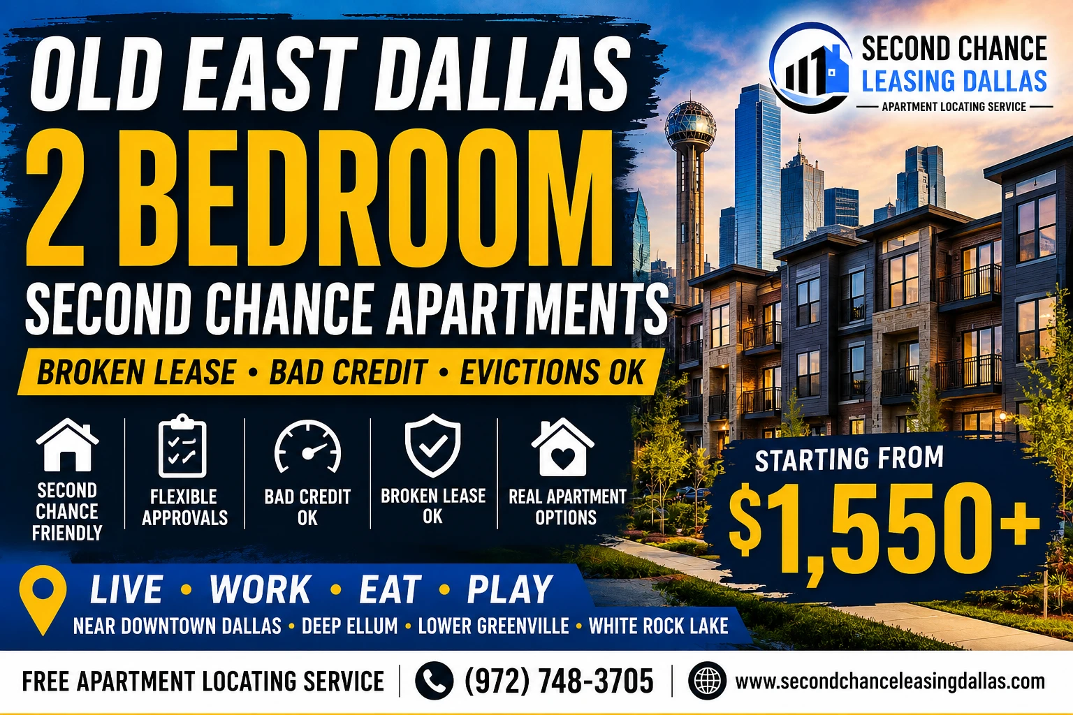2 BEDROOM SECOND CHANCE APARTMENTS IN OLD EAST DALLAS | BROKEN LEASE, BAD CREDIT & EVICTION FRIENDLY APARTMENTS | STARTING FROM $1,550+