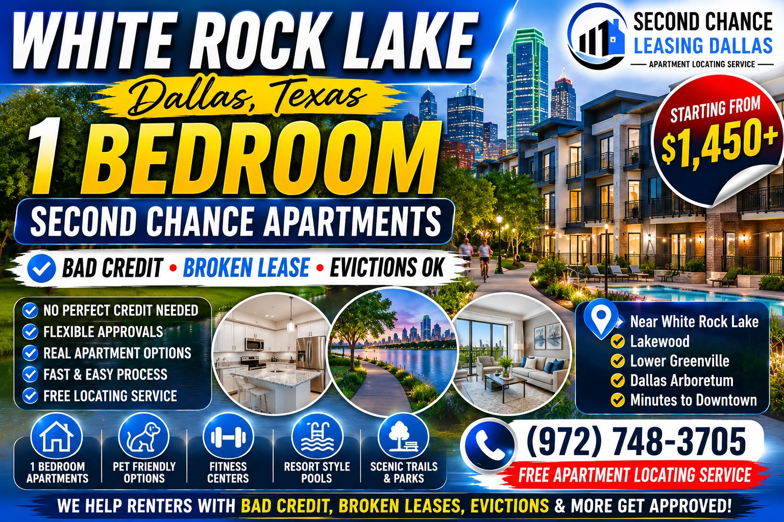 1 BEDROOM SECOND CHANCE APARTMENTS NEAR WHITE ROCK LAKE DALLAS | BROKEN LEASE, BAD CREDIT & EVICTION FRIENDLY APARTMENTS | STARTING FROM $1,450+
