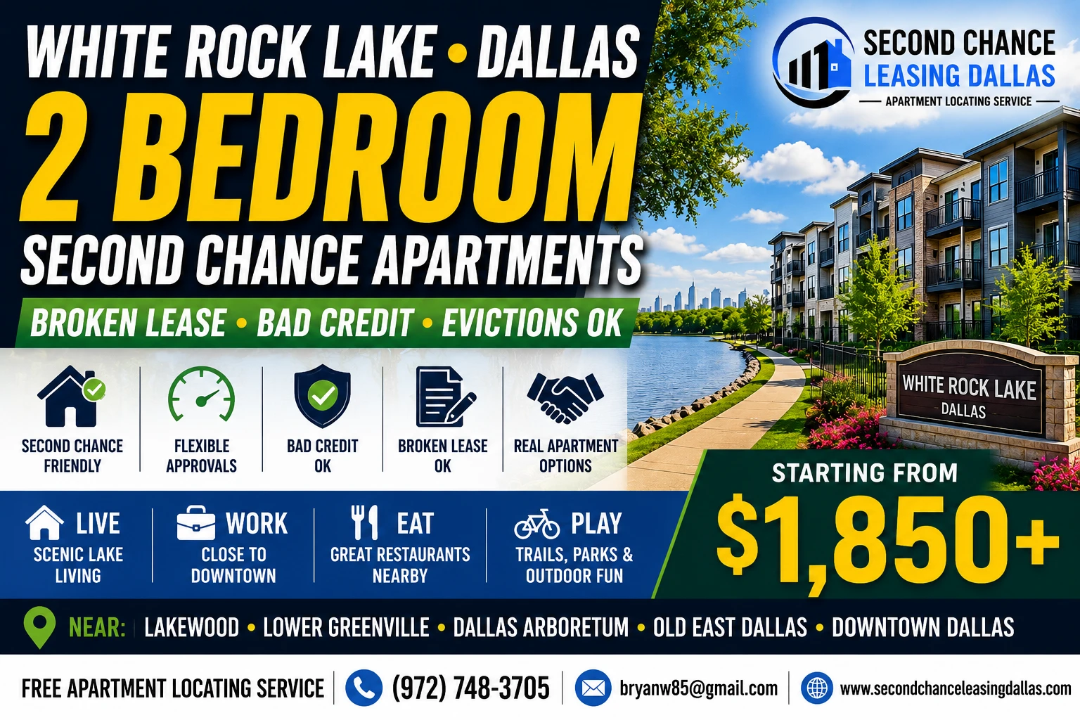 2 BEDROOM SECOND CHANCE APARTMENTS NEAR WHITE ROCK LAKE DALLAS | STARTING AT $1,850+ | BAD CREDIT, BROKEN LEASE & EVICTION FRIENDLY
