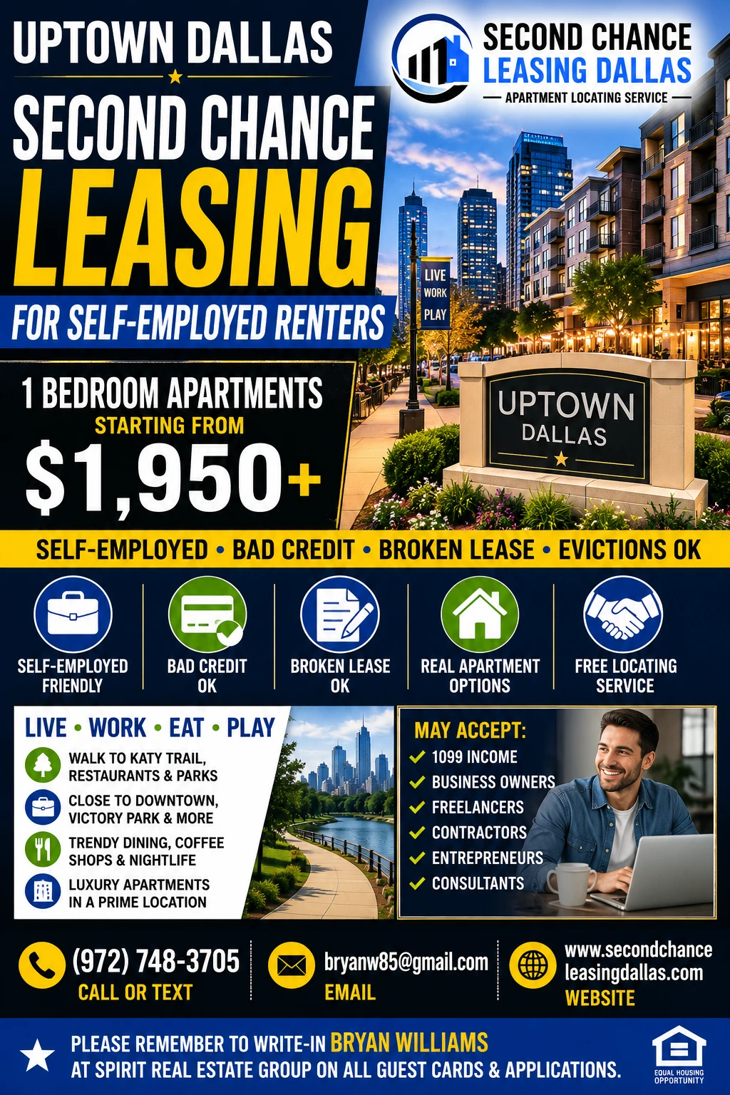 UPTOWN DALLAS SECOND CHANCE LEASING FOR SELF-EMPLOYED RENTERS | 1 BEDROOM APARTMENTS | STARTING FROM $1,950+