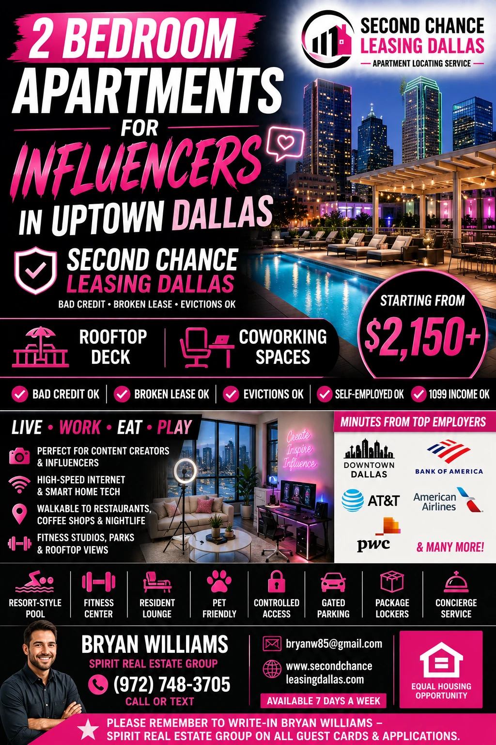 2 BEDROOM APARTMENTS FOR INFLUENCERS IN UPTOWN DALLAS | SECOND CHANCE LEASING DALLAS | STARTING FROM $2,150+ | ROOFTOP DECK + COWORKING SPACES