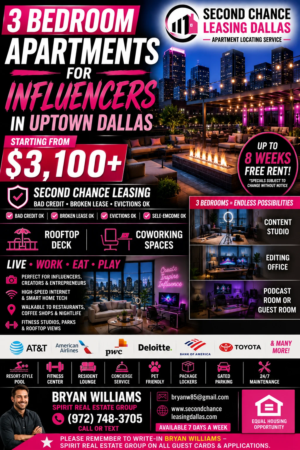 3 BEDROOM APARTMENTS FOR INFLUENCERS IN UPTOWN DALLAS | SECOND CHANCE LEASING DALLAS | STARTING FROM $3,100+ | ROOFTOP DECK + COWORKING SPACES