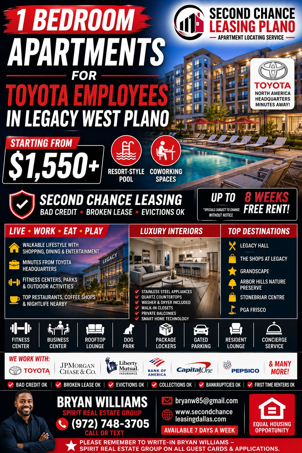 1 BEDROOM APARTMENTS FOR TOYOTA EMPLOYEES IN LEGACY WEST PLANO | SECOND CHANCE LEASING PLANO | STARTING FROM $1,550+ | RESORT-STYLE POOL + COWORKING SPACES