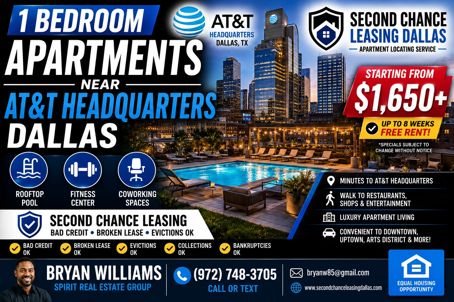 1 BEDROOM APARTMENTS NEAR AT&T HEADQUARTERS DALLAS | SECOND CHANCE LEASING DALLAS | STARTING FROM $1,650+ | ROOFTOP POOL + FITNESS CENTER