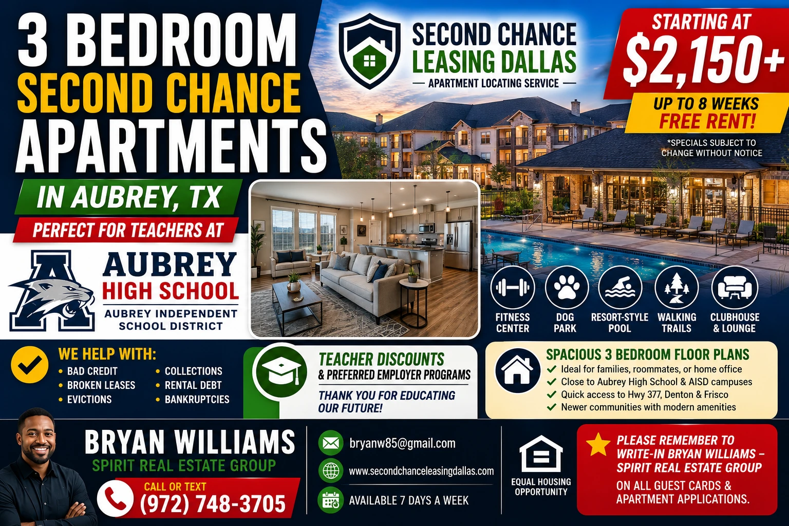 3 BEDROOM SECOND CHANCE APARTMENTS IN AUBREY TX FOR AUBREY HIGH SCHOOL TEACHERS | STARTING AT $2,150+ | FITNESS CENTER + DOG PARK