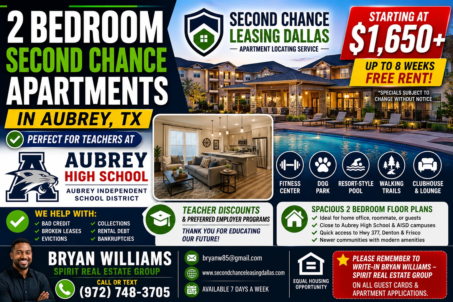 2 BEDROOM SECOND CHANCE APARTMENTS IN AUBREY TX FOR AUBREY HIGH SCHOOL TEACHERS | STARTING AT $1,650+ | FITNESS CENTER + DOG PARK