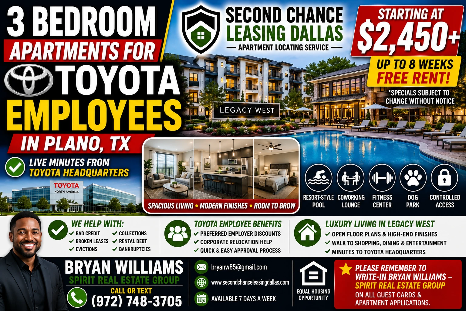 3 BEDROOM APARTMENTS FOR TOYOTA EMPLOYEES IN PLANO TX | SECOND CHANCE LEASING PLANO | STARTING FROM $2,450+ | RESORT-STYLE POOL + COWORKING LOUNGE