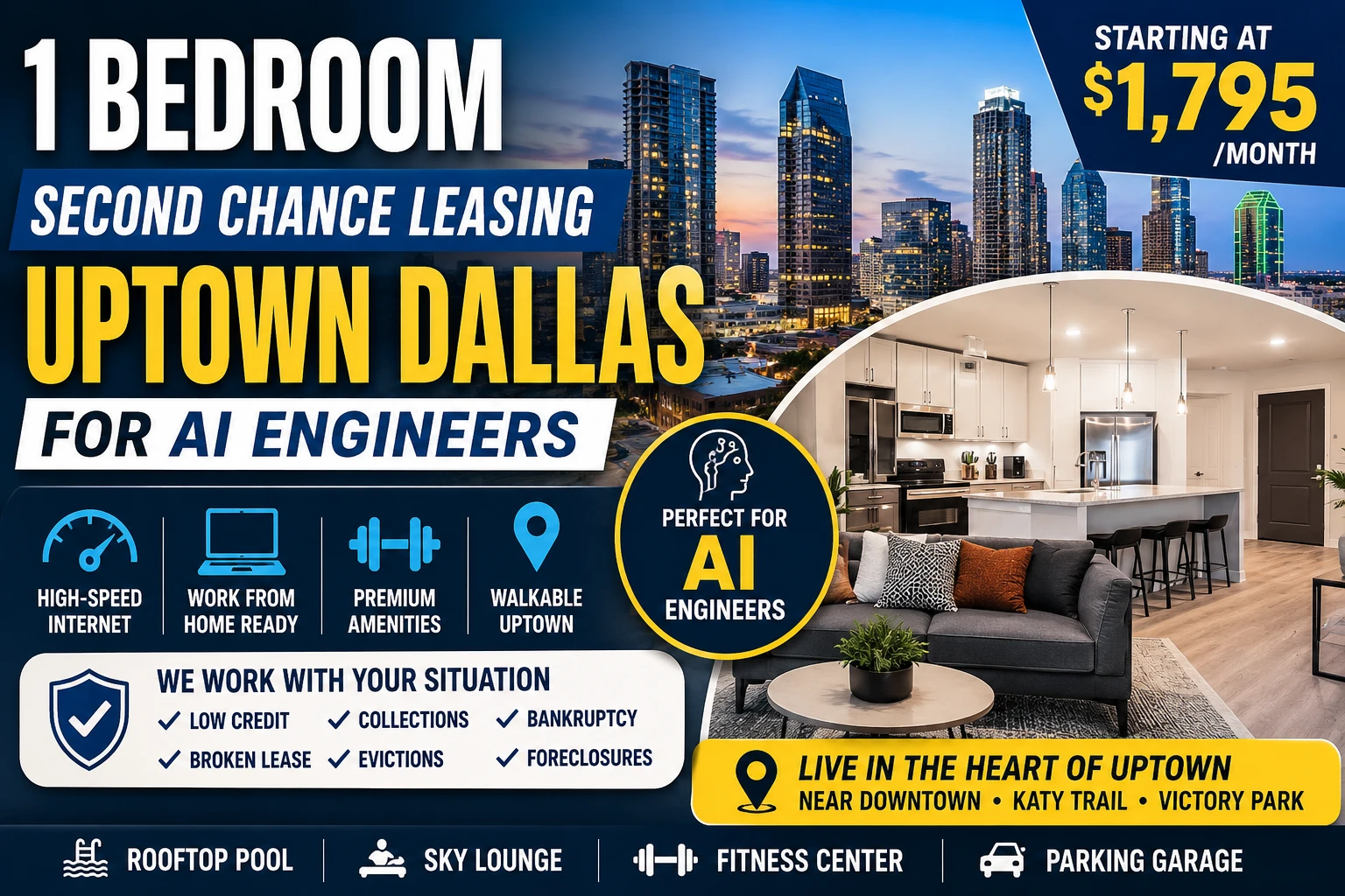 1 BEDROOM SECOND CHANCE LEASING APARTMENTS IN UPTOWN DALLAS FOR AI ENGINEERS | STARTING AT $1,795 | ROOFTOP SKY LOUNGE + RESORT-STYLE POOL