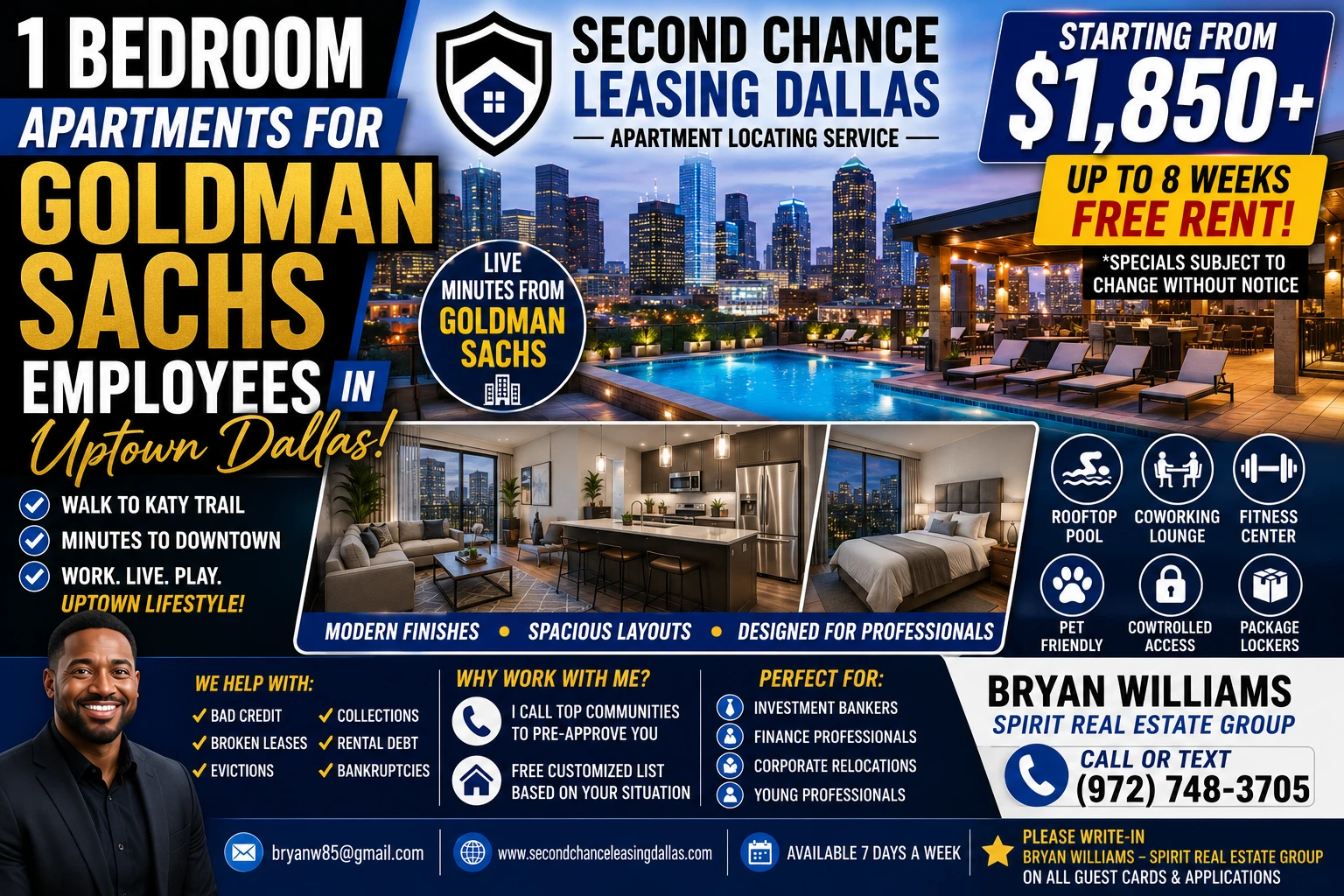 1 BEDROOM APARTMENTS FOR GOLDMAN SACHS EMPLOYEES IN UPTOWN DALLAS | SECOND CHANCE LEASING DALLAS | STARTING FROM $1,850+ | ROOFTOP POOL + COWORKING LOUNGE