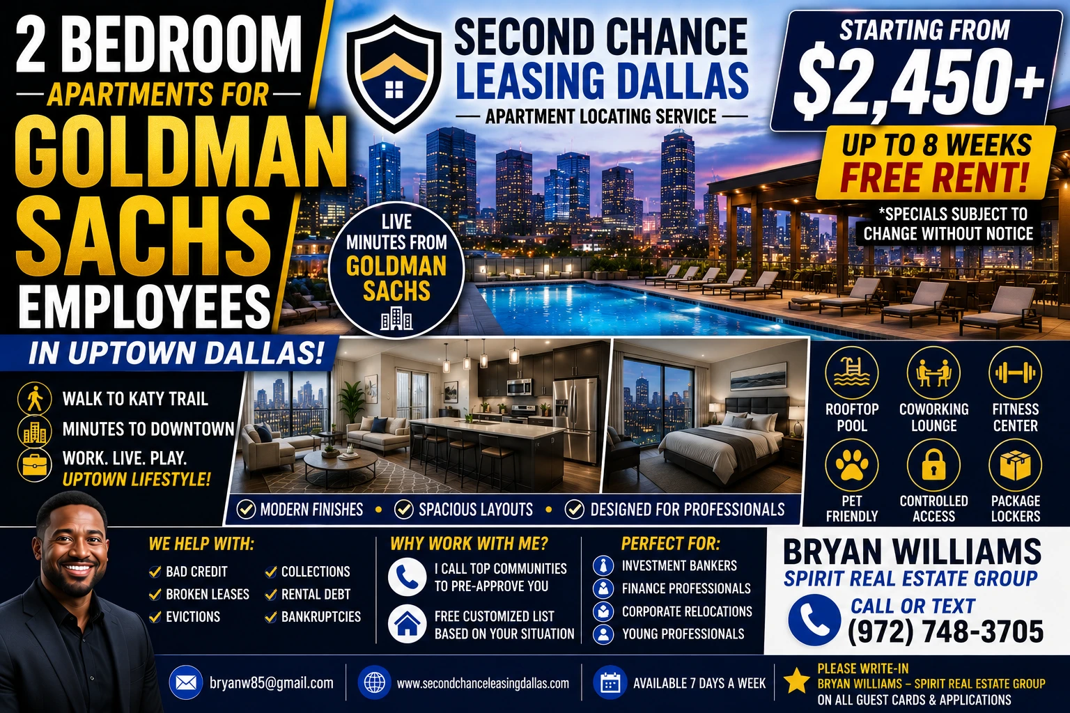 2 BEDROOM APARTMENTS FOR GOLDMAN SACHS EMPLOYEES IN UPTOWN DALLAS | SECOND CHANCE LEASING DALLAS | STARTING FROM $2,450+ | ROOFTOP POOL + COWORKING LOUNGE