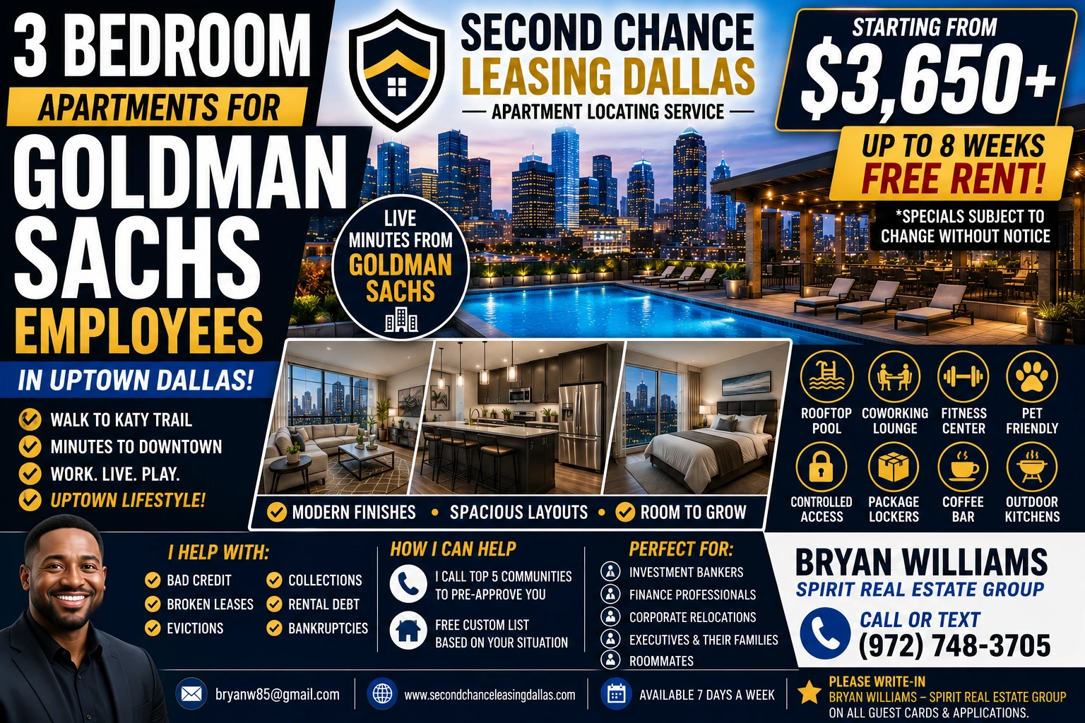 3 BEDROOM APARTMENTS FOR GOLDMAN SACHS EMPLOYEES IN UPTOWN DALLAS | SECOND CHANCE LEASING DALLAS | STARTING FROM $3,650+ | ROOFTOP POOL + COWORKING LOUNGE