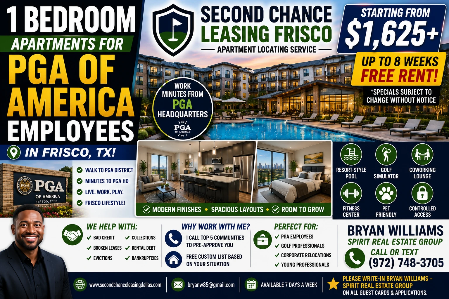 1 BEDROOM APARTMENTS FOR PGA OF AMERICA EMPLOYEES IN FRISCO TX | SECOND CHANCE LEASING FRISCO | STARTING FROM $1,625+ | RESORT-STYLE POOL + GOLF SIMULATOR