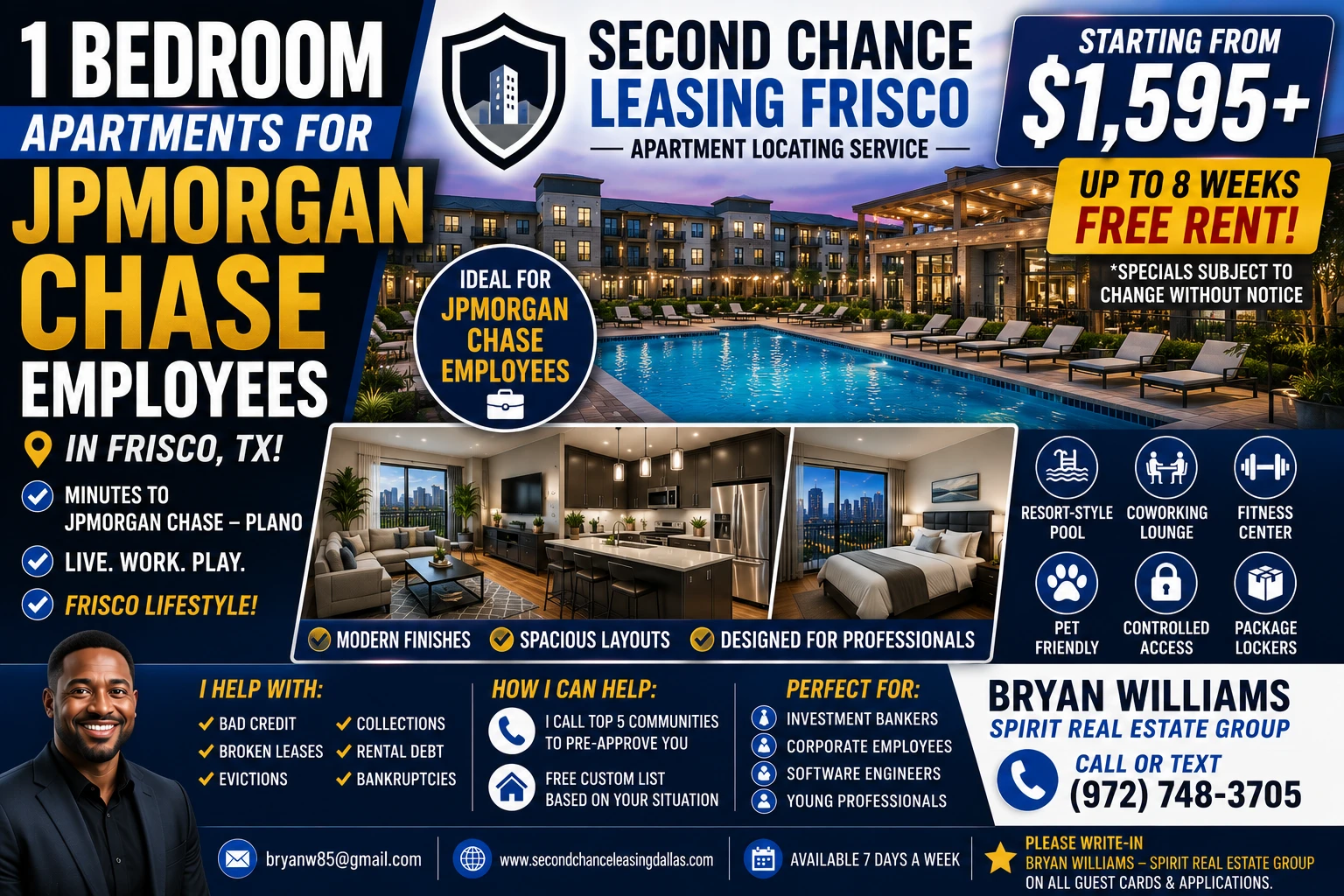 1 BEDROOM APARTMENTS FOR JPMORGAN CHASE EMPLOYEES IN FRISCO TX | SECOND CHANCE LEASING FRISCO | STARTING FROM $1,595+ | RESORT-STYLE POOL + COWORKING LOUNGE