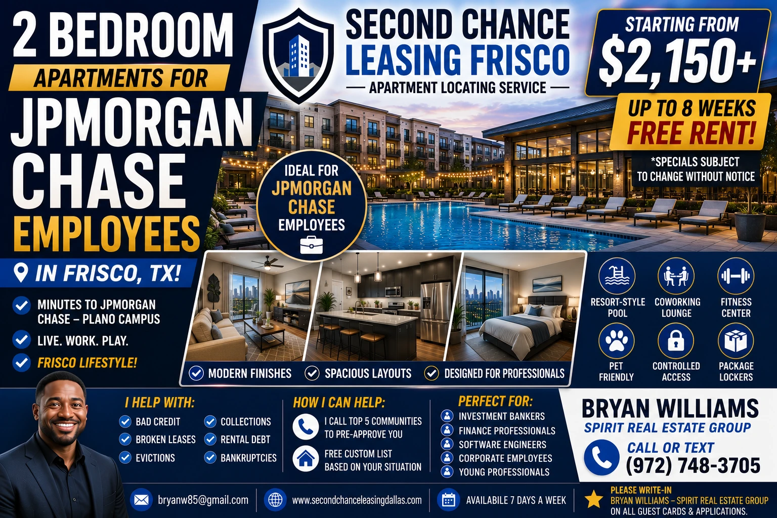 2 BEDROOM APARTMENTS FOR JPMORGAN CHASE EMPLOYEES IN FRISCO TX | SECOND CHANCE LEASING FRISCO | STARTING FROM $2,150+ | RESORT-STYLE POOL + COWORKING LOUNGE
